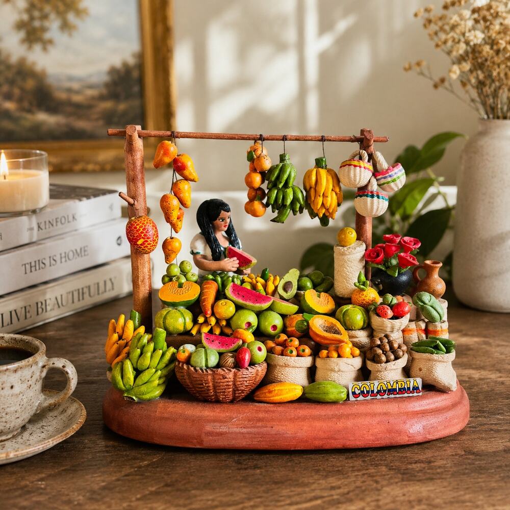 Colombian Folk Art Clay Market Diorama Fruit Vendor Handmade